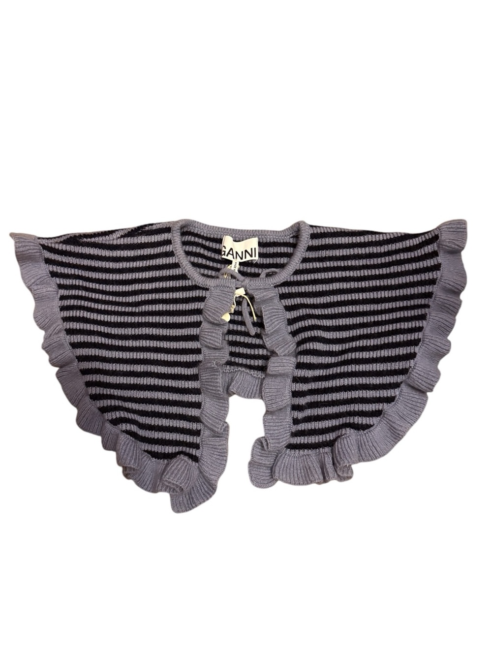 Ganni Women’s Periwinkle and Black Ruffled Wool Cashmere Blend Collar O/S